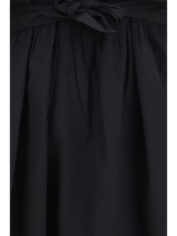 Midi Dress With Bows And Puff Shoulders, Black Cotton