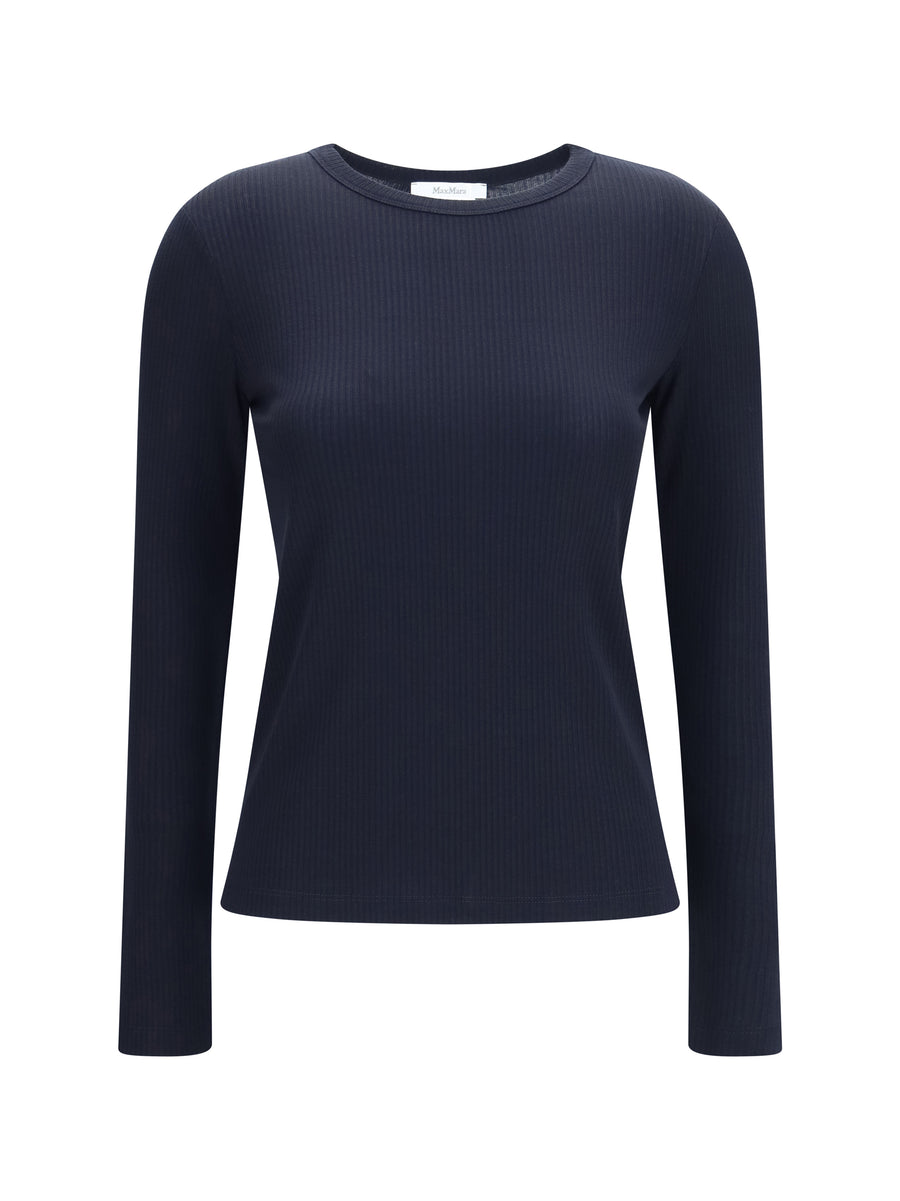 Long-Sleeve Ribbed Sweater Navy Blue Lyocell Tops