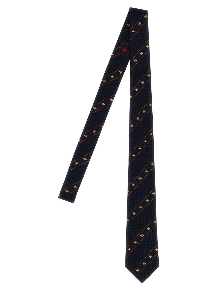 Gucci Jacquard Bee-Embroidered Silk Necktie — Navy