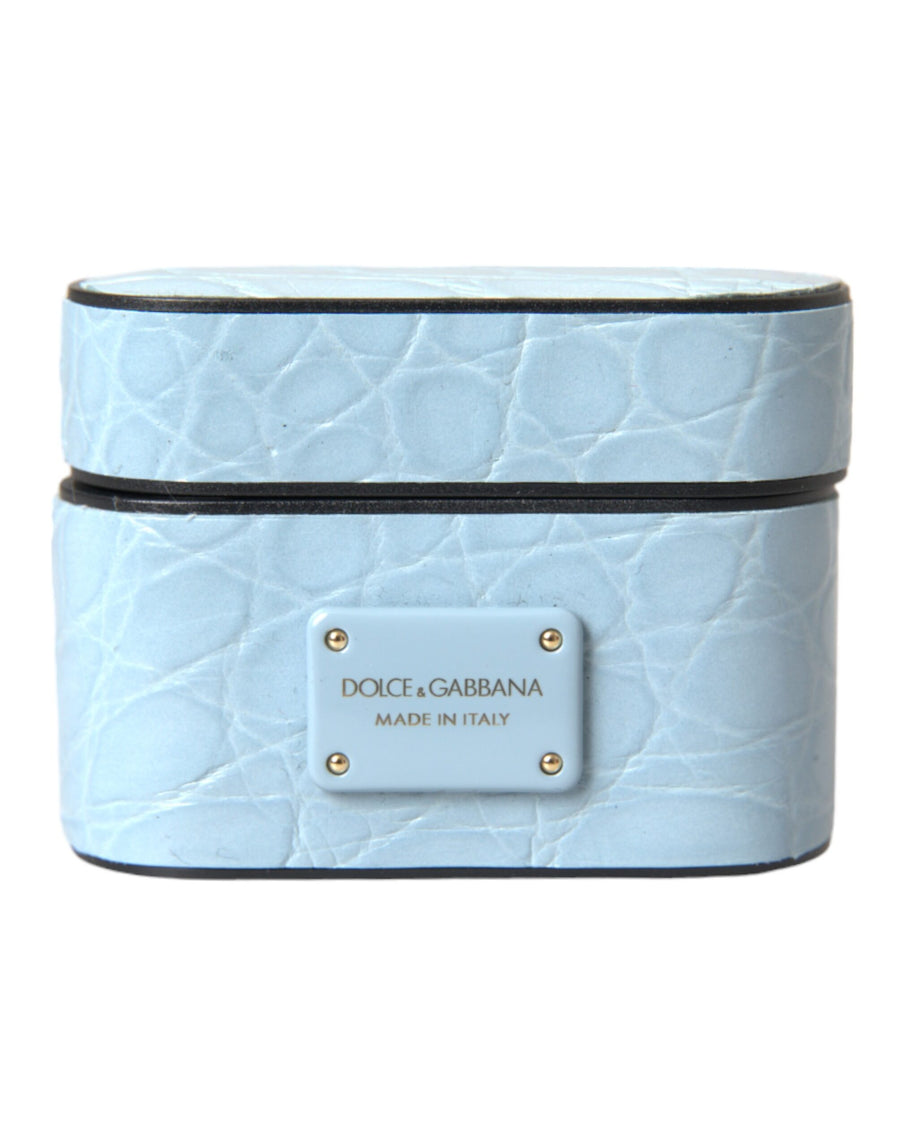 Light Blue Leather Metal Logo Plaque Airpods Case Caiman Accessory