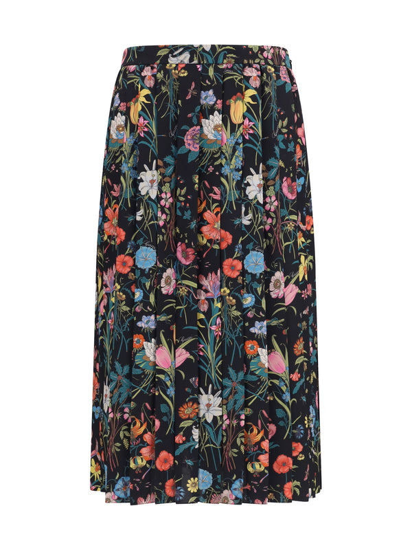 Skirt Flora Silk Midi Black-Multicolour Black/multicolour/mc