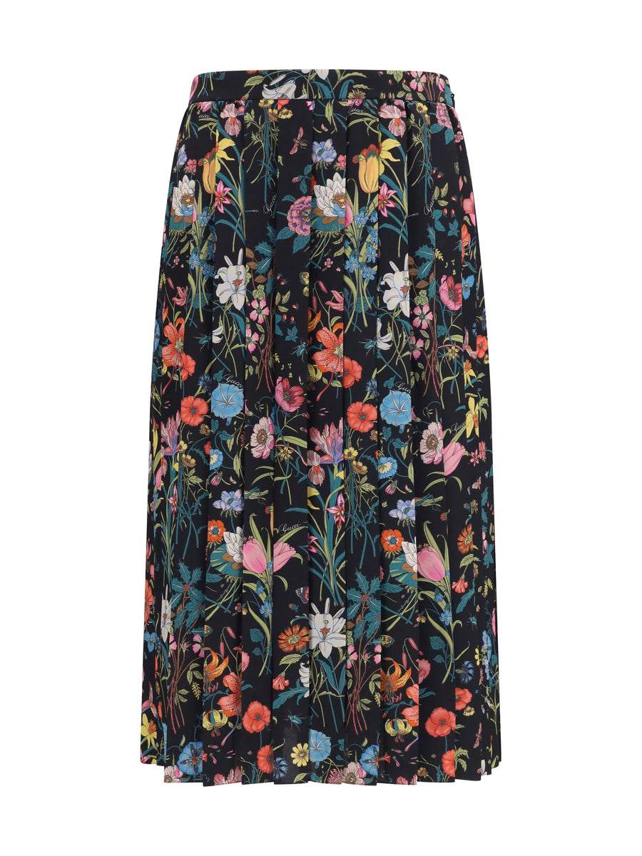 Skirt Flora Silk Midi Black-Multicolour Black/multicolour/mc