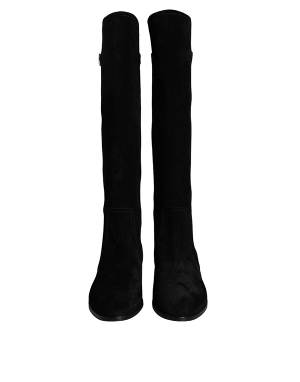 Black Suede Leather Knee High Boots Shoes Lamb