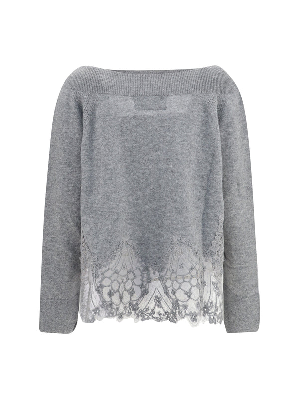Boat-Neck Lace Sweater Grey Cashmere (capra Hircus)