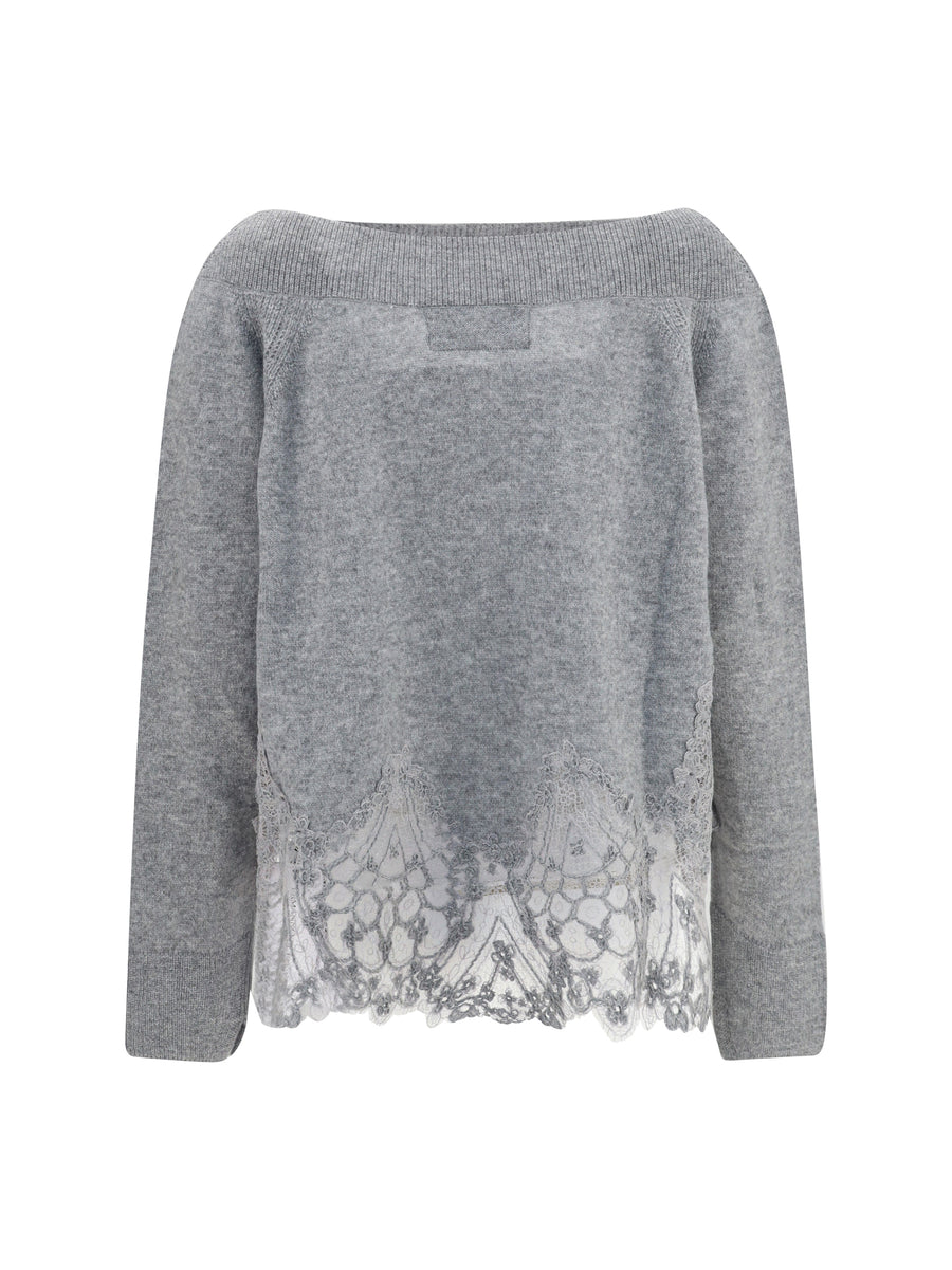 Boat-Neck Lace Sweater Grey Cashmere (capra Hircus)