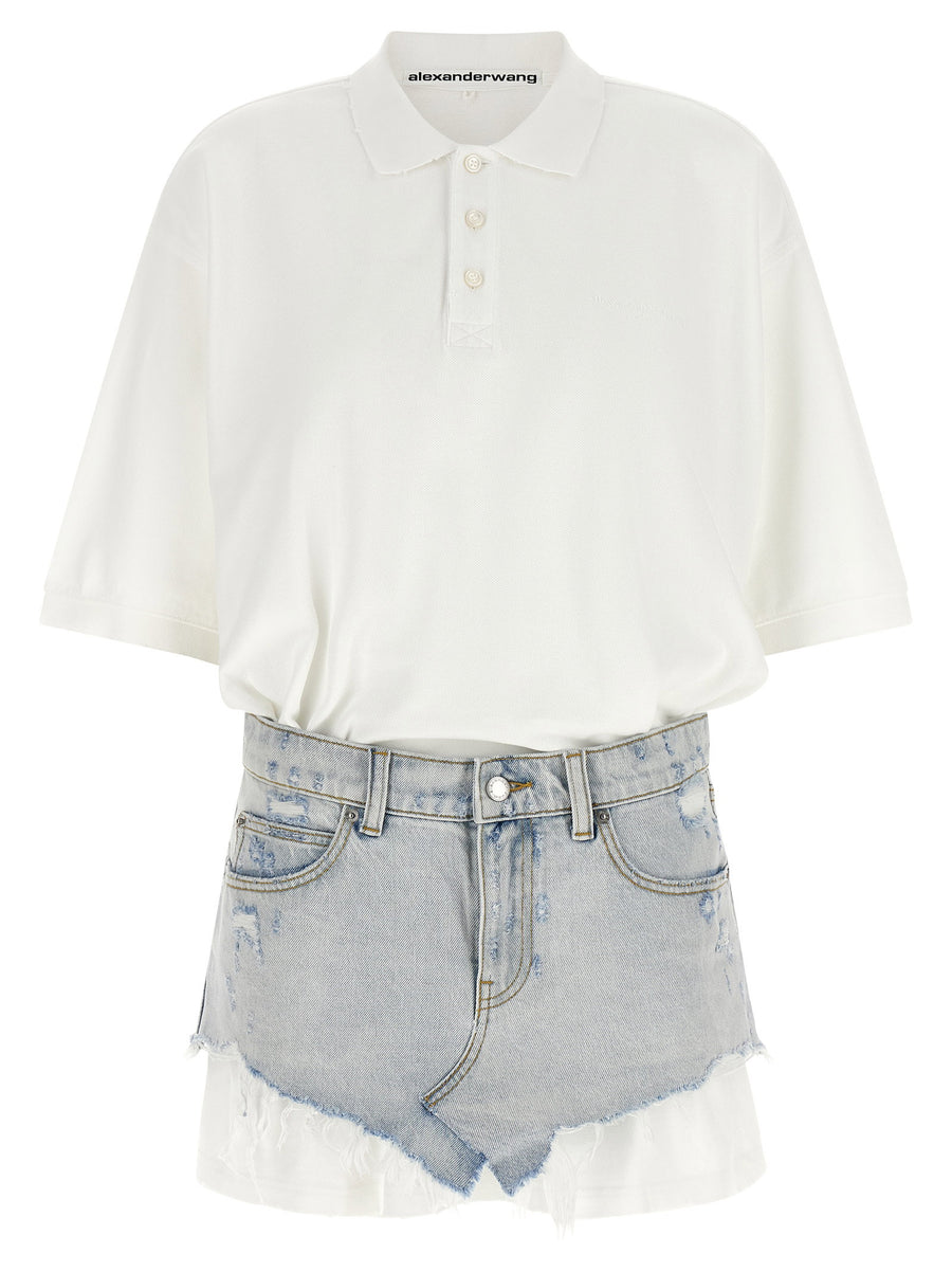 Alexander Wang Hybrid Polo Shirt and Denim Skirt Dress — White