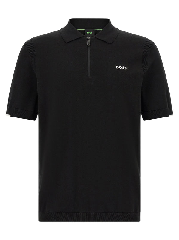Hugo Boss Half-Zip Cotton Knit Polo Shirt — Black