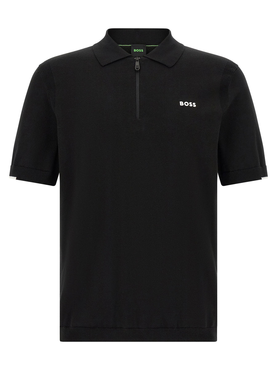 Hugo Boss Half-Zip Cotton Knit Polo Shirt — Black