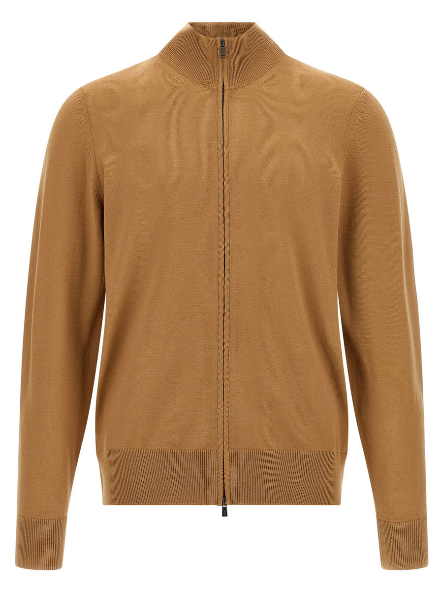 Hugo Boss Virgin Wool Shaved Knit Cardigan — camel