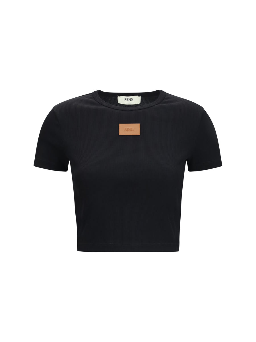 Cropped Ribbed Cotton T-Shirt Black Cotton; Elastane T-shirts