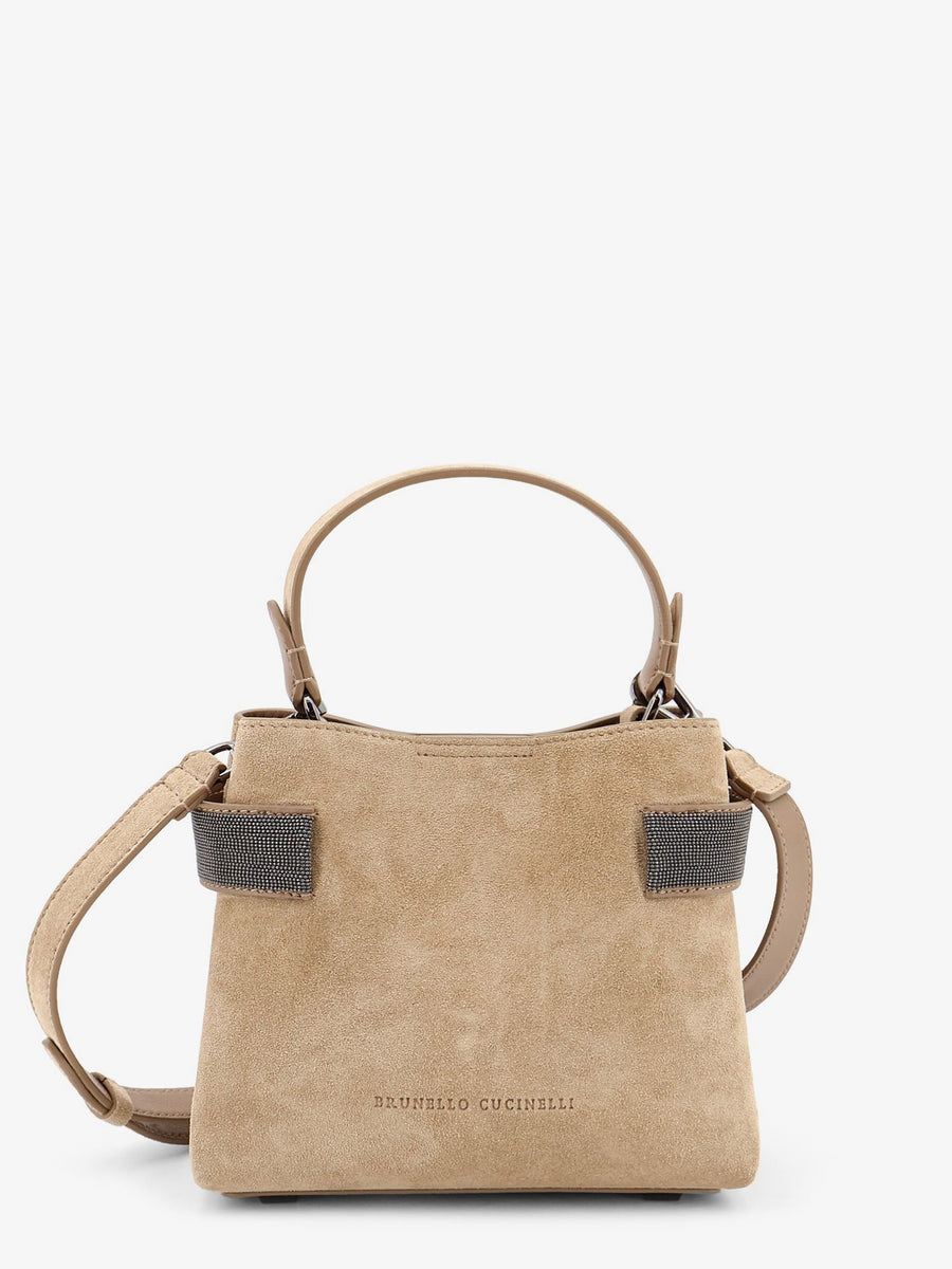 Shoulder Bag With Monili Detail Beige Suede