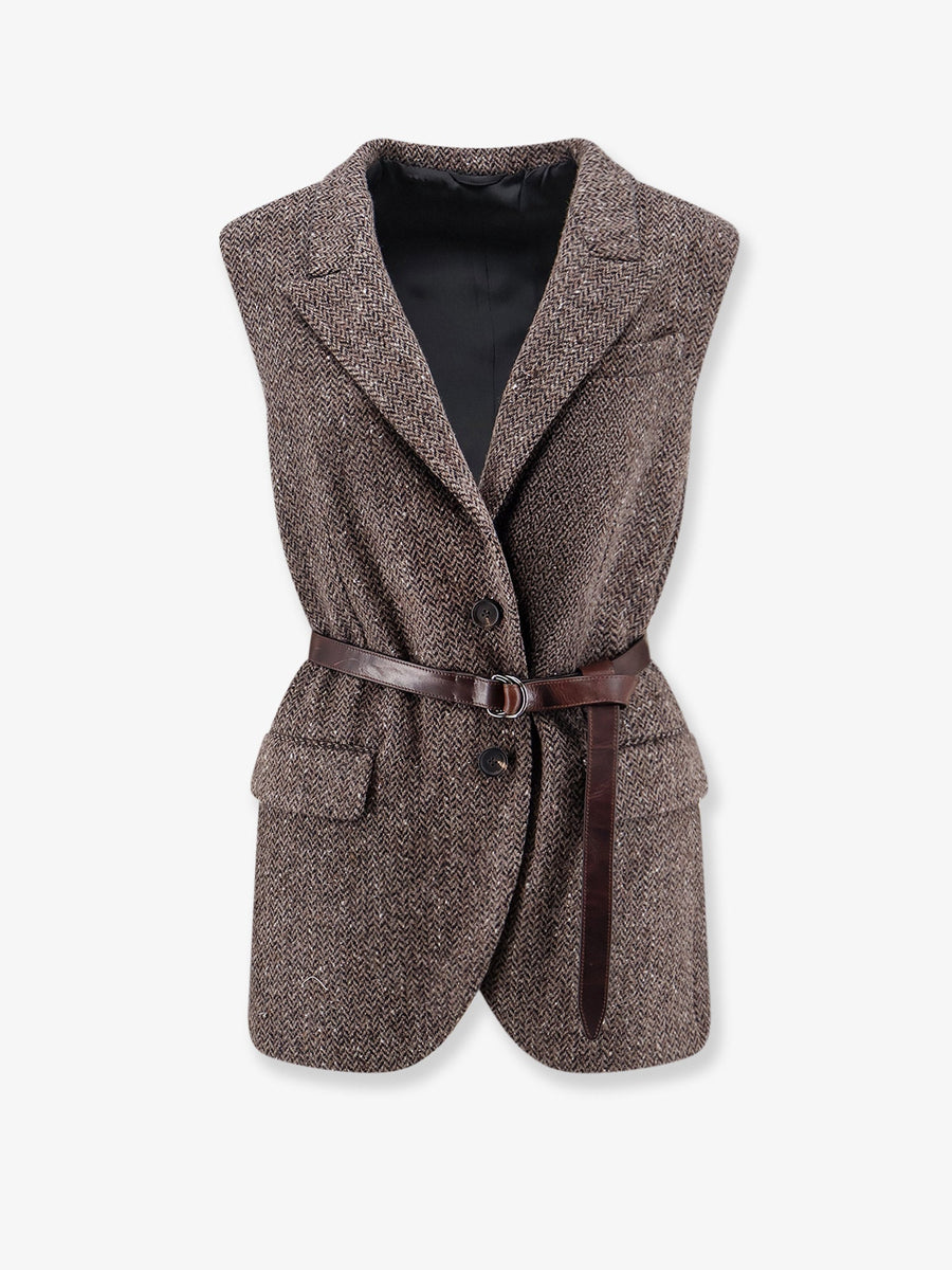 Sleeveless Blazer With Belt Brown Virgin Wool Blazers