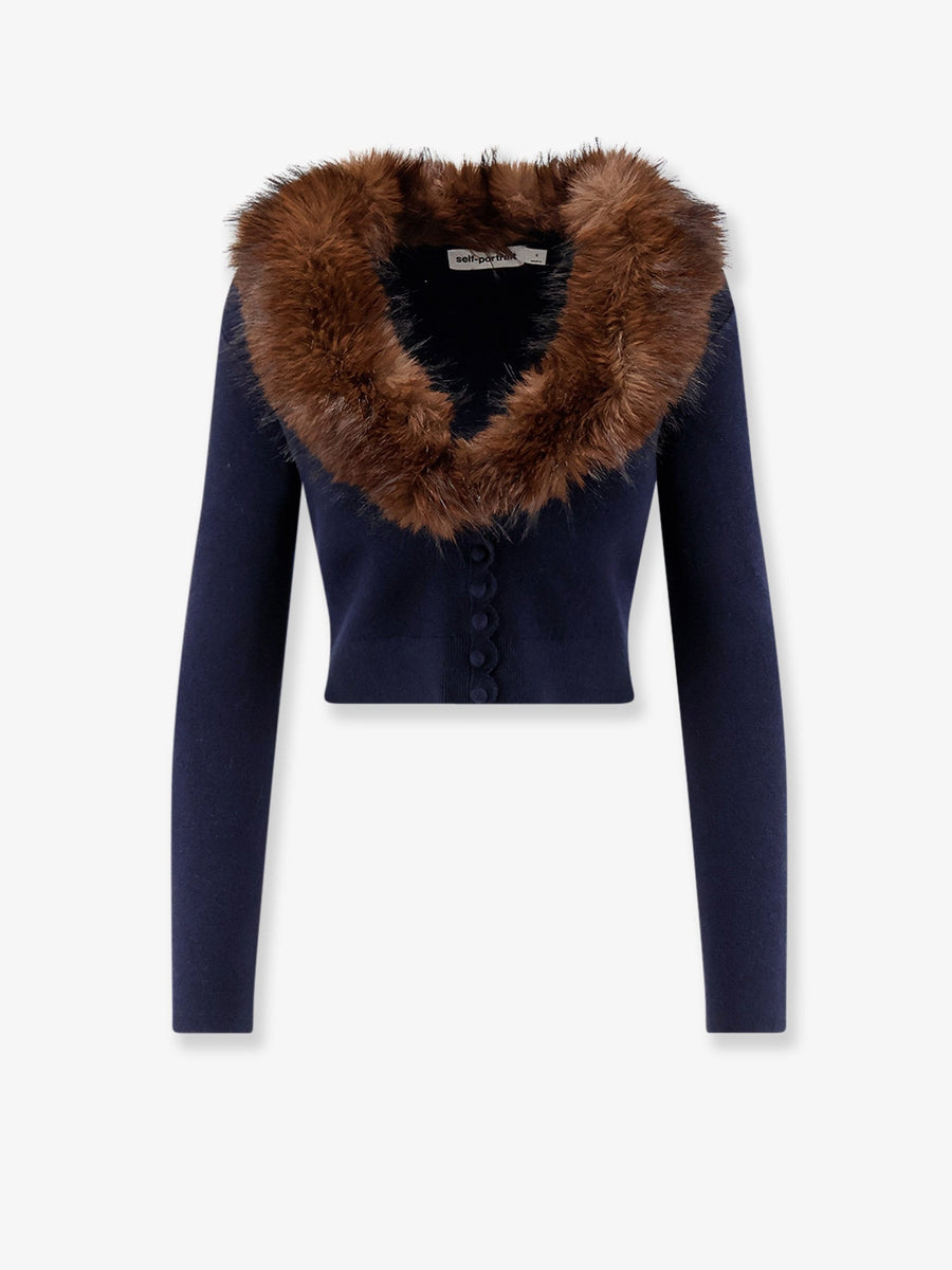 Cardigan With Faux Fur Trim Blue Wool