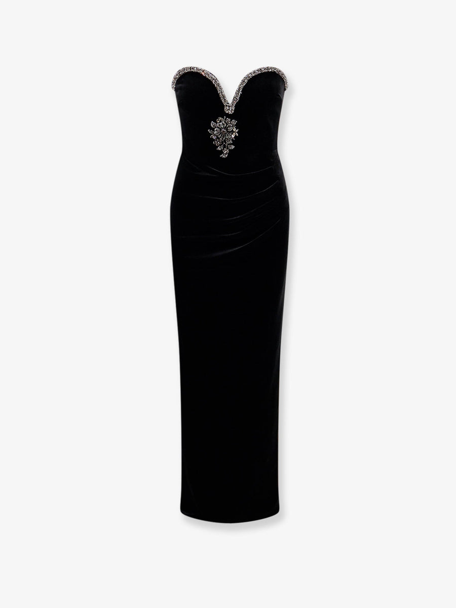 Velvet Long Dress With Rhinestone Trim Black Polyester
