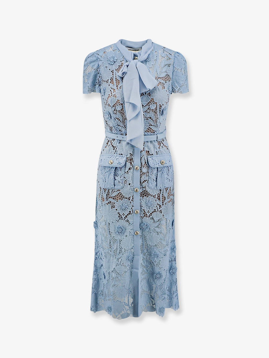 Lace Dress With Belt Blue Polyester