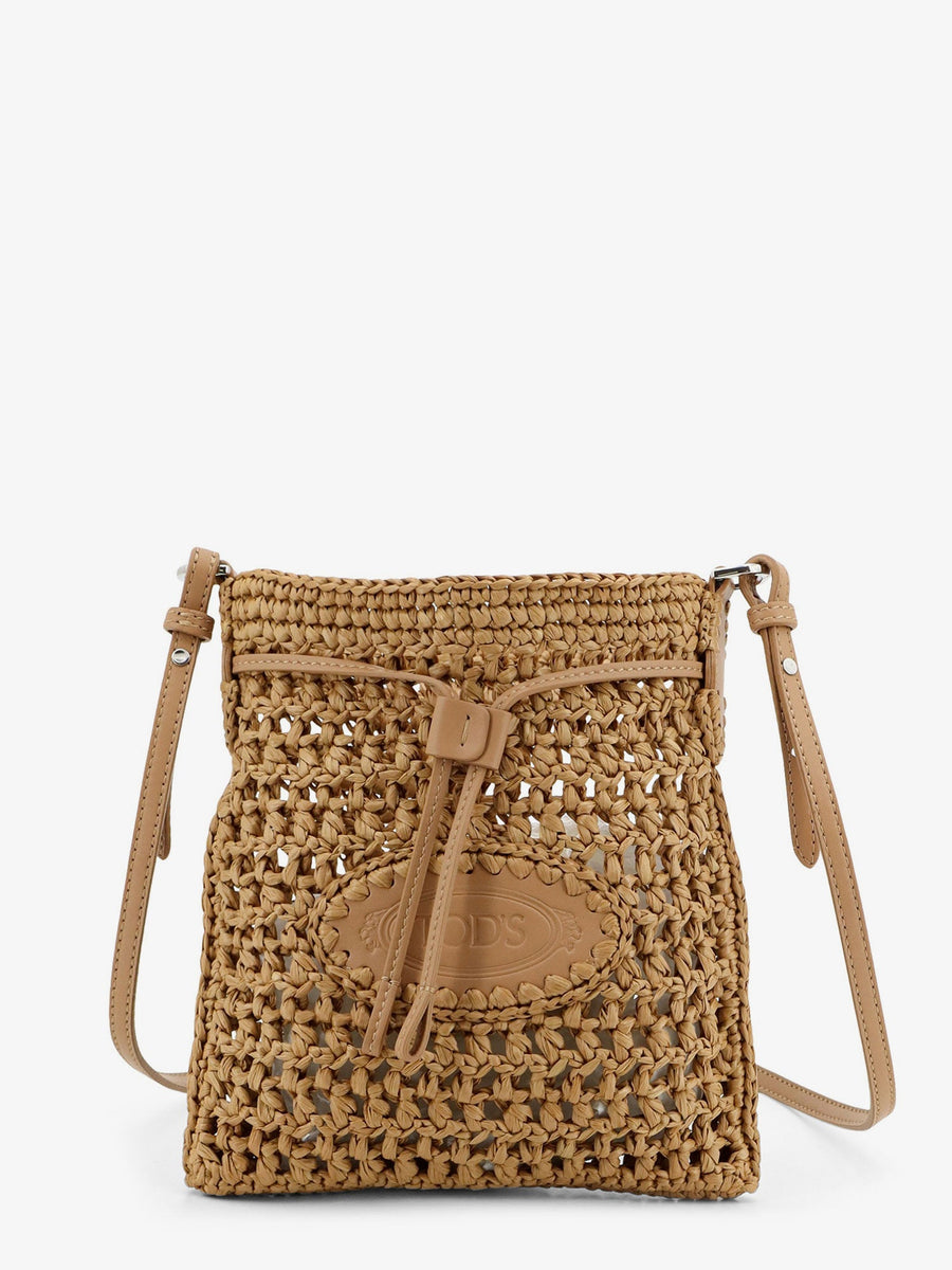 Bucket Bag With Crochet Motif, Brown Raffia