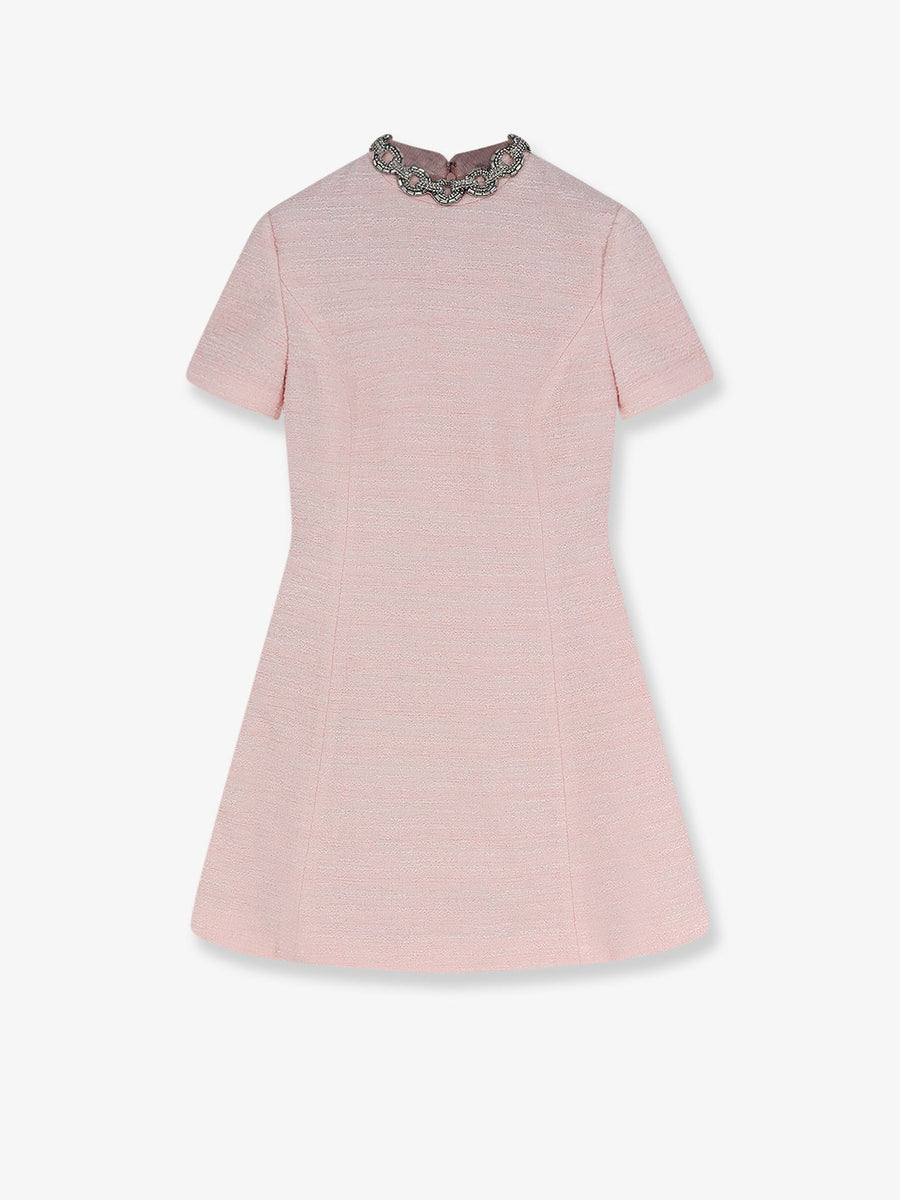 Mini Dress Embroidered Cotton Tweed Pink