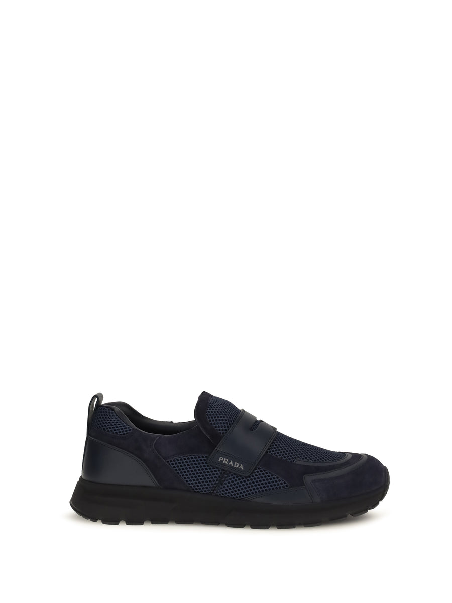 Prada Upper: 100% calf leather; Sole: 100% rubber loafer in navy