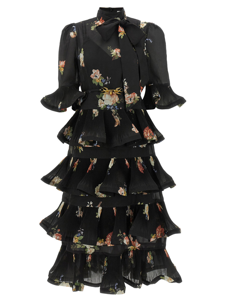Zimmermann Pleated Flounce with Botanical Print Dress — Black