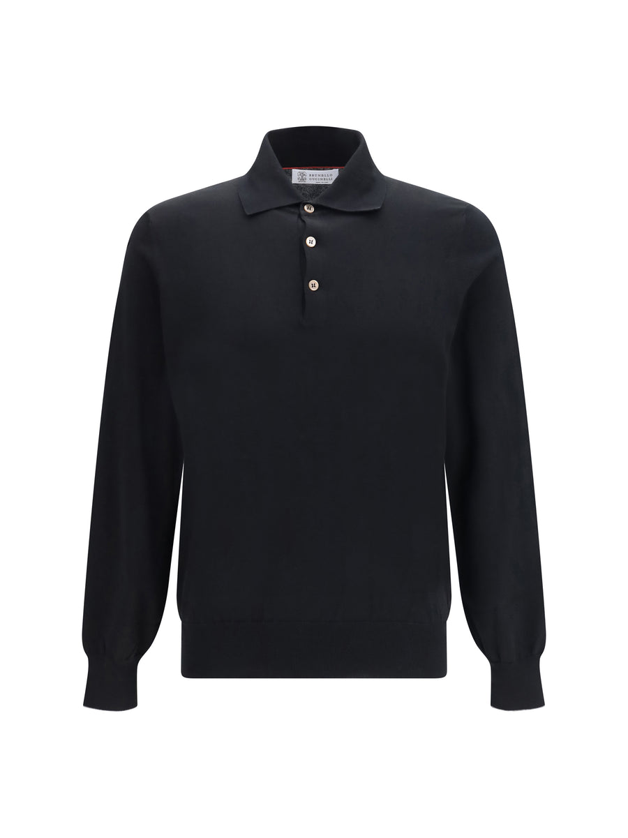 Long Sleeve Cotton Polo Nero+grigio Scuro Knitwear