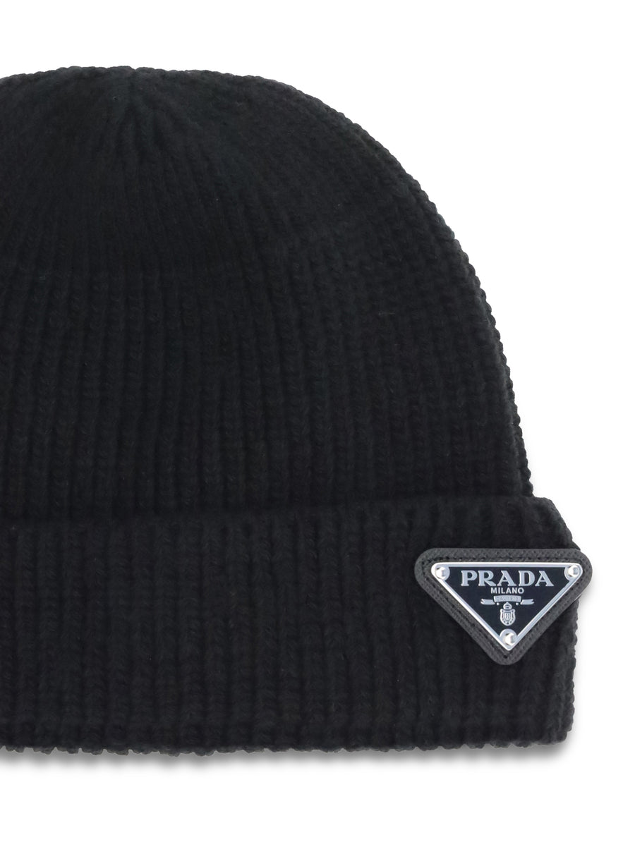Beanie Hat Black With Logo Plaque Fleece Wool (ovis Aries)