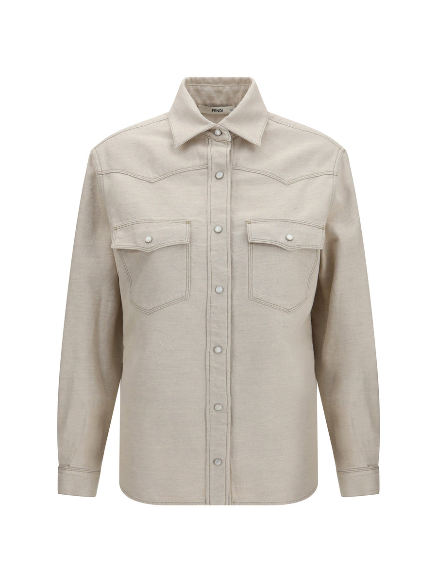 Selleria Denim Western Shirt Avorio Cotton; Linen
