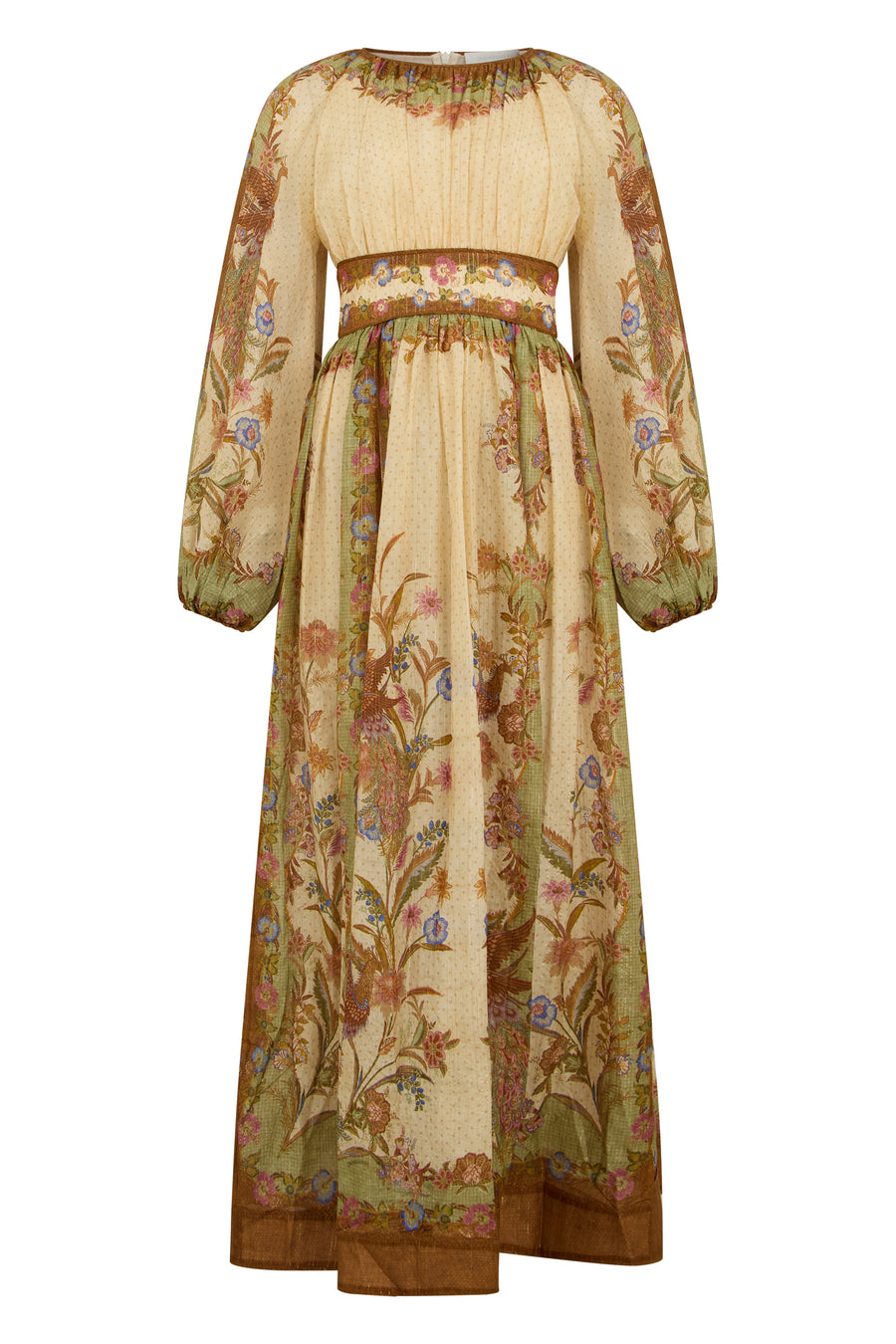 Long Puff-Sleeve Dress Beige Cotton