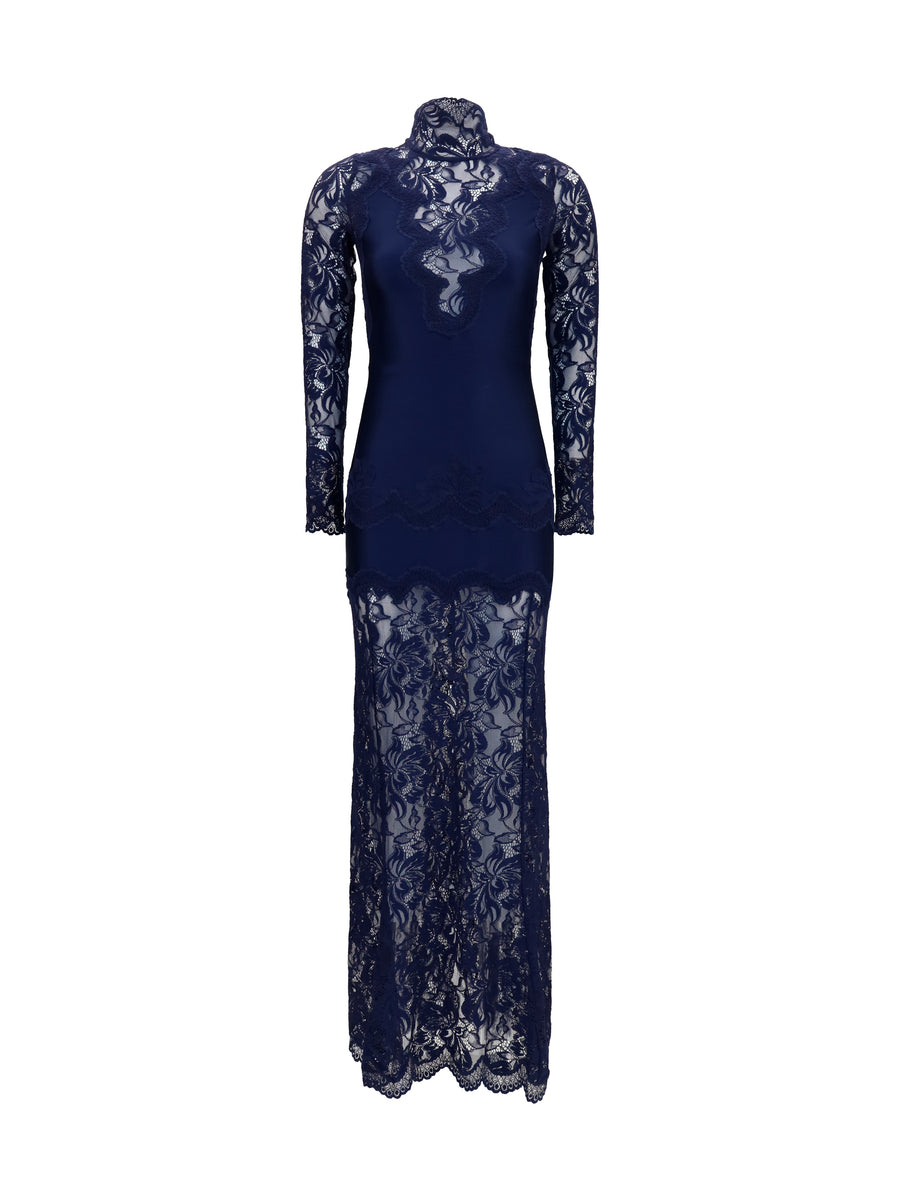 Long Lace And Jersey Dress Deep Navy Polyamide; Elastane