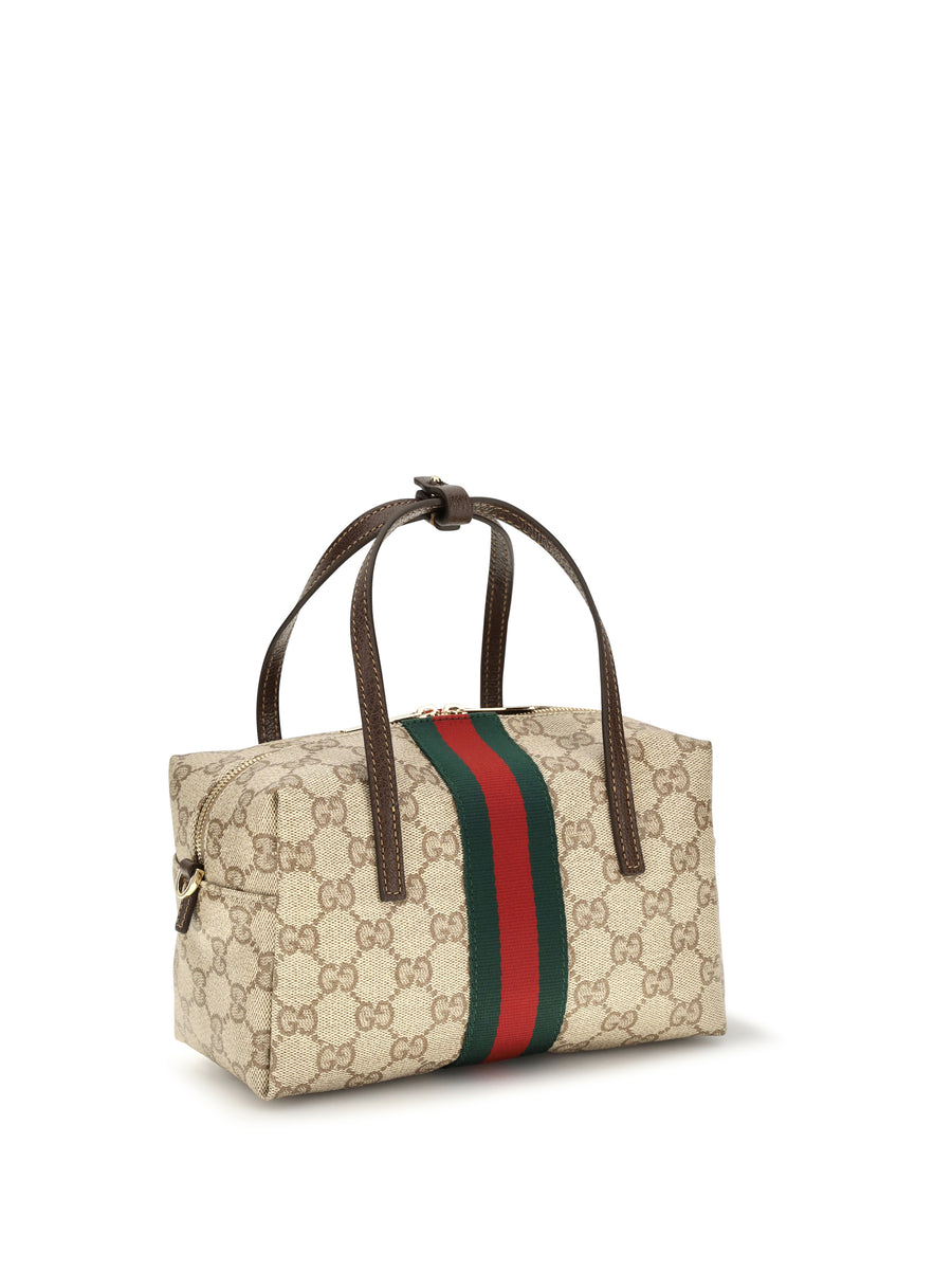 Mini Boston Handbag With Web Stripe Brown Fabric Handbags