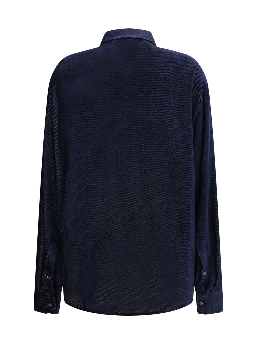 Silk Blend Devoré Velvet Twill Shirt Peacoat