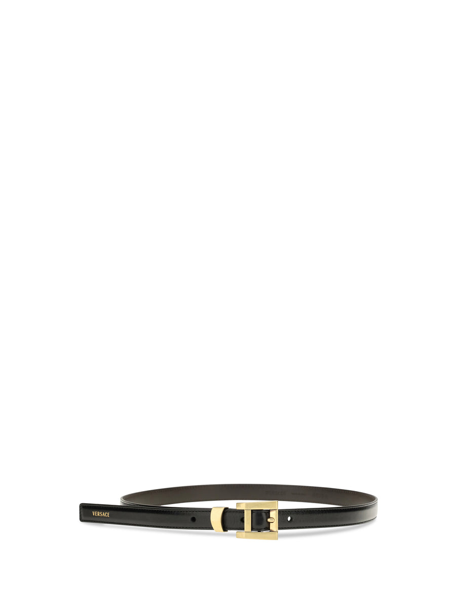 Glossy Leather Logo Print Belt Black/gold Calf