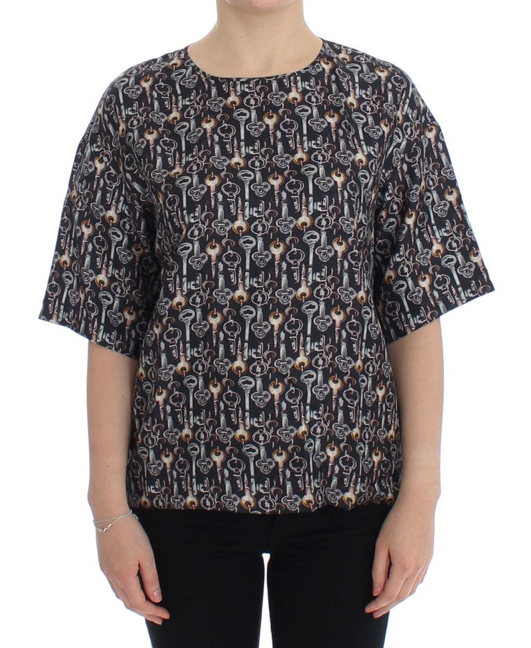 Gray Gold Key Print Silk Blouse T-Shirt