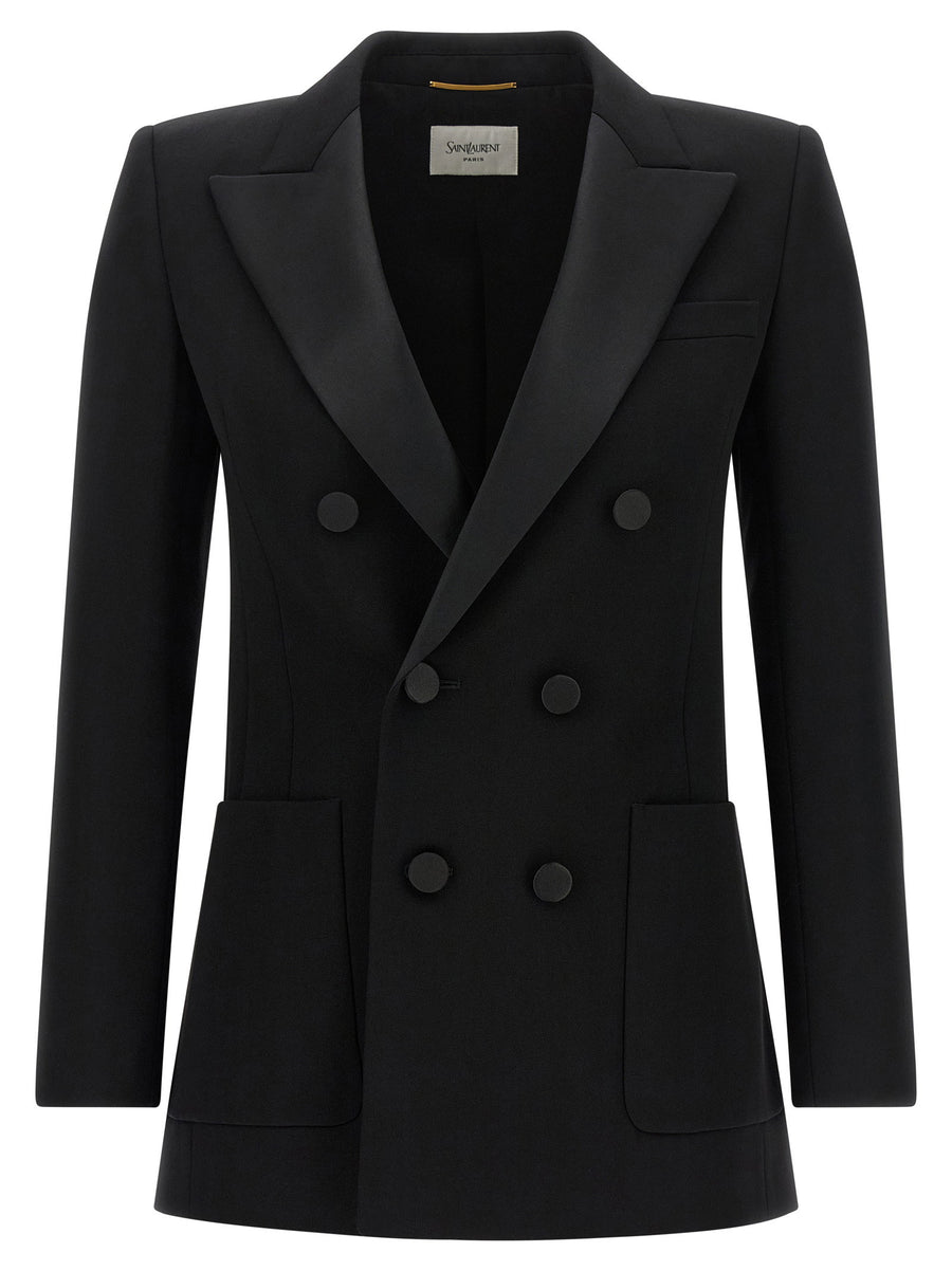 Saint Laurent Satin Lapel Double-Breasted Blazer — Black