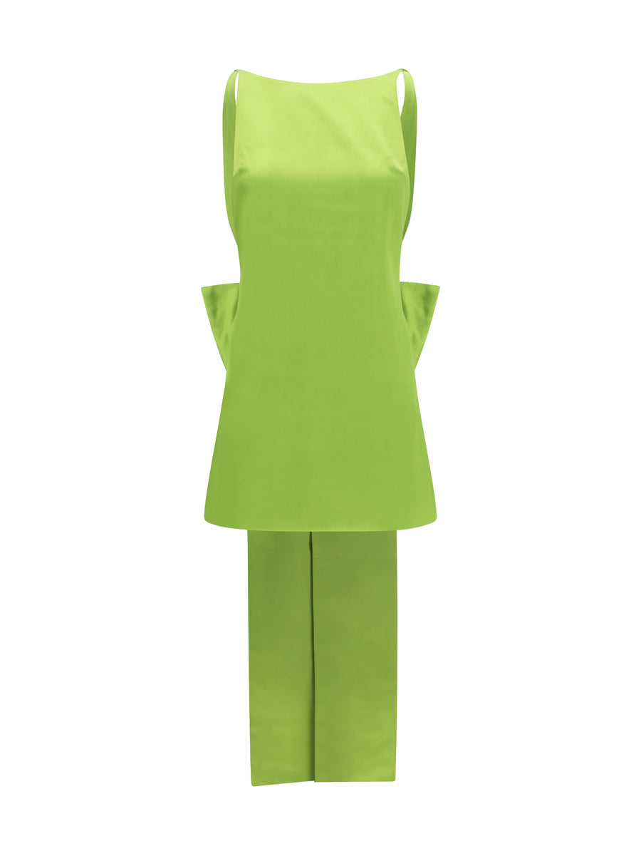 Mini Dress Satin Bow Green Polyester