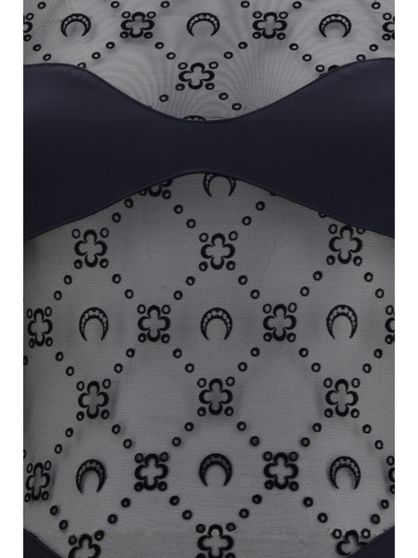 Mesh Body Moon Motif Black Polyamide Tops