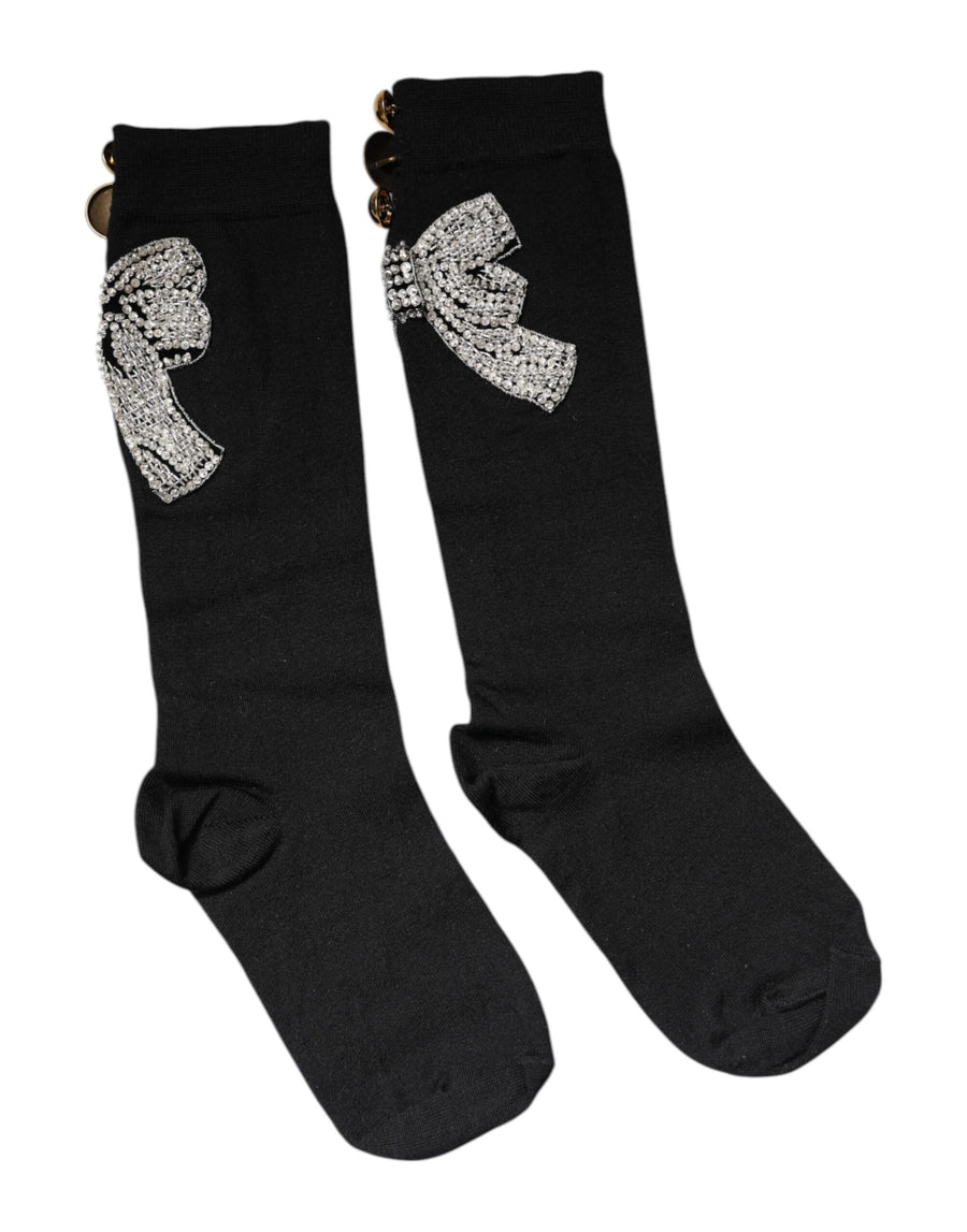 Black Knit Floral Crystal Embellishment Socks Virgin Wool Nylon Elastane Clothing