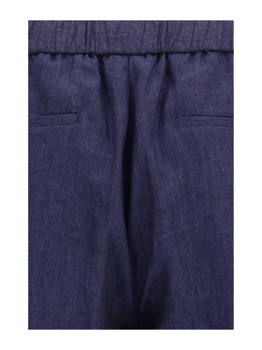 Linen Drawstring Pants Blue Trousers