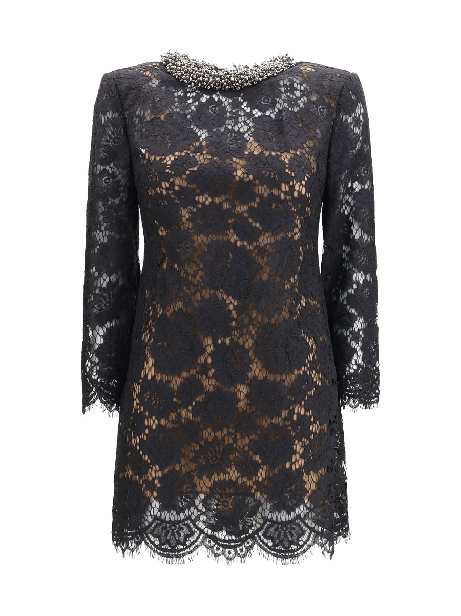 Lace Long Sleeve Mini Dress Black Polyamide; Cotton; Viscose