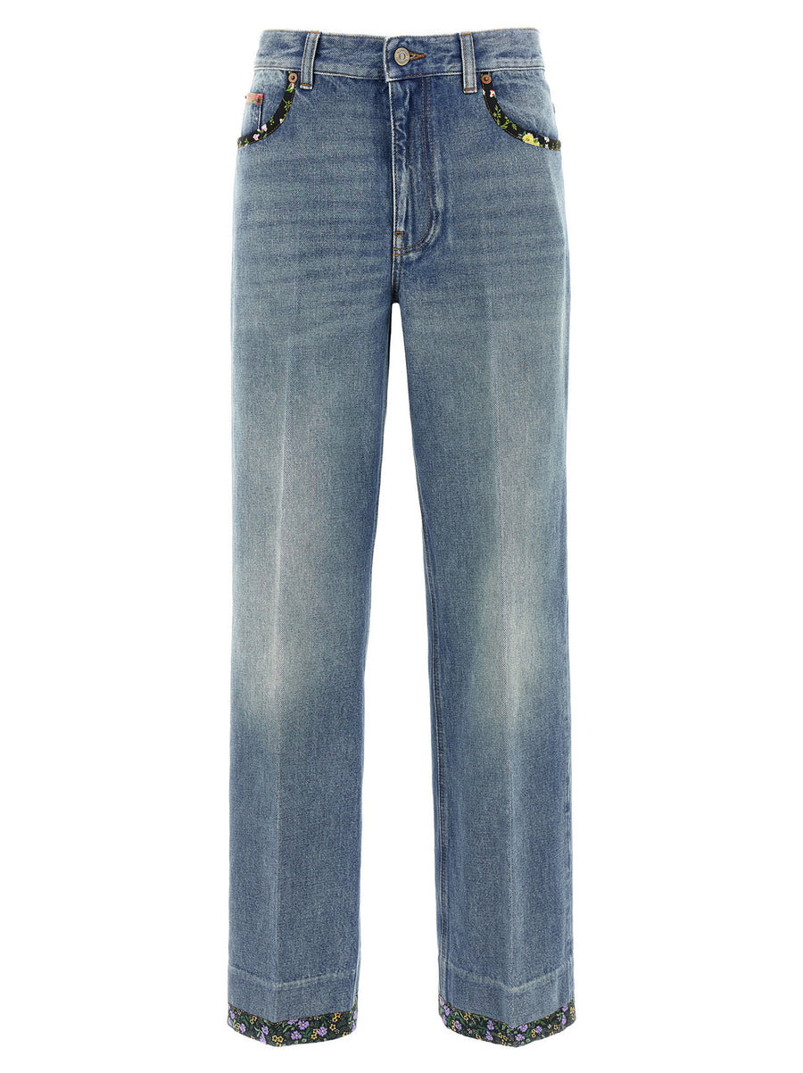 Valentino Garavani Floral-Trimmed Denim Jeans — Blue