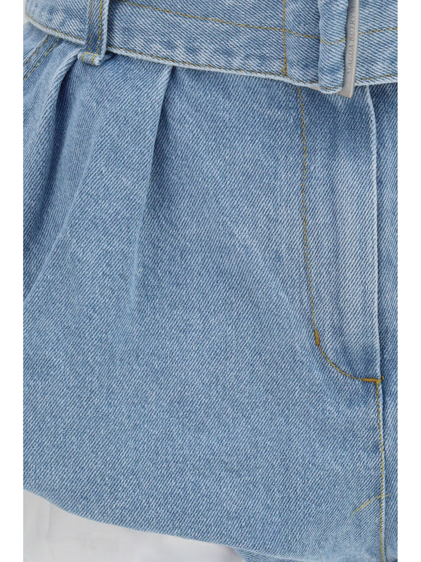 Flared Denim Shorts With Undershorts — Light Blue Cotton