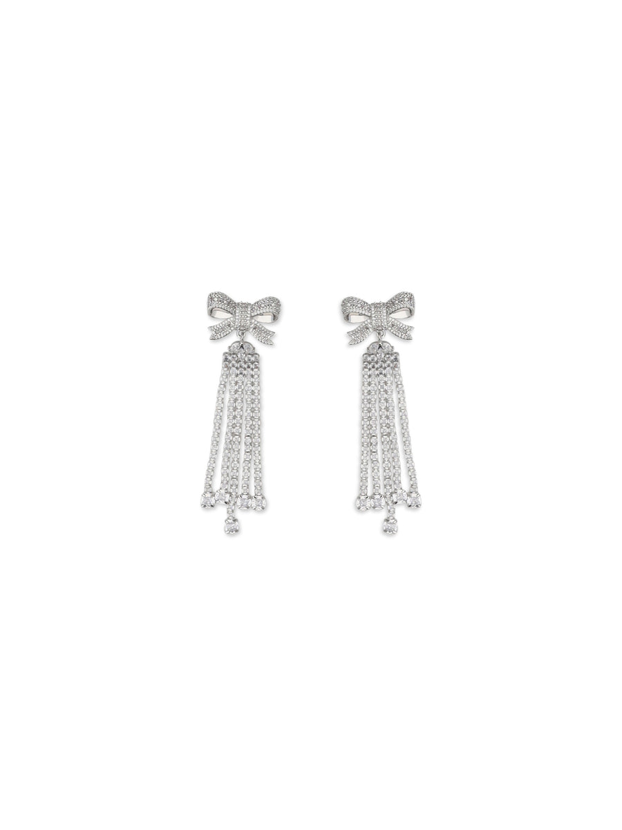 Crystal Bow Drop Earrings Silver Brass