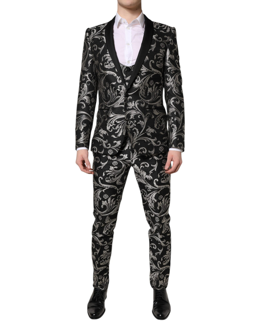 Black Gray Martini Jacquard Men 3 Piece Suit And Polyester Silk