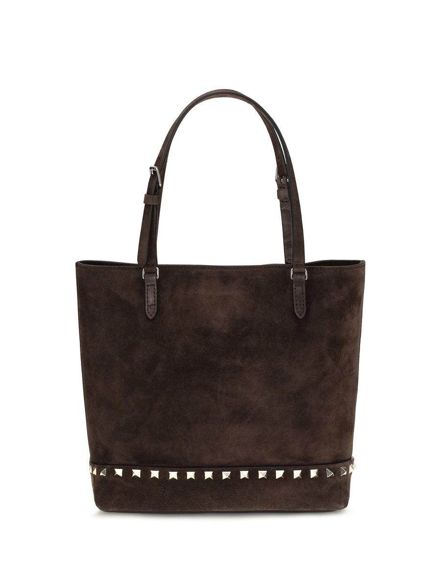 Small Rockstud Suede Tote Bag Ebony Brown Calf Leather Bos Taurus Shoulder