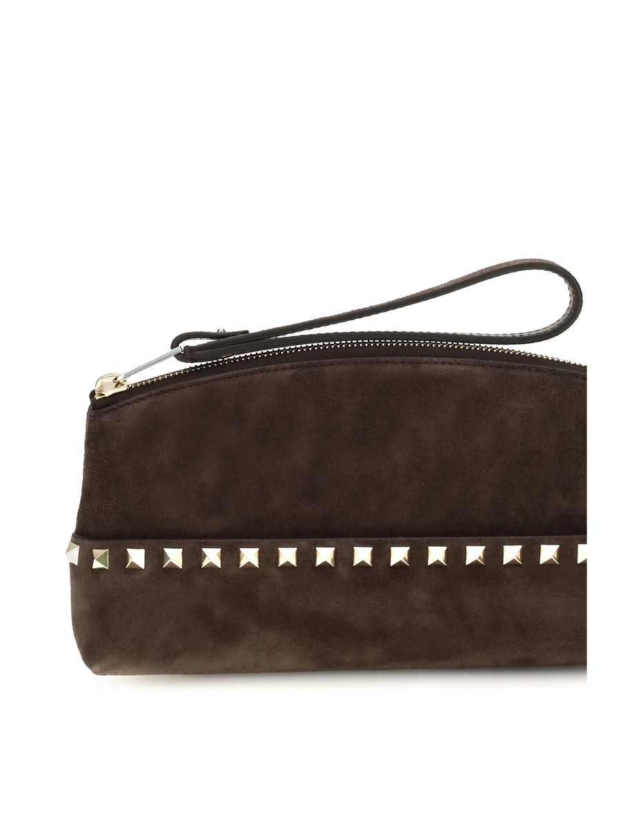 Rockstud Suede Pouch Ebony Brown Handbags