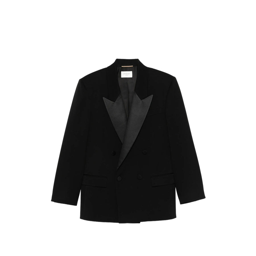 Double-Breasted Peak Lapel Blazer Black Outer: Wool Blazers