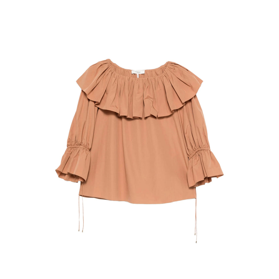 Long-Sleeved Ruffled Cotton Blouse Brown Blouses