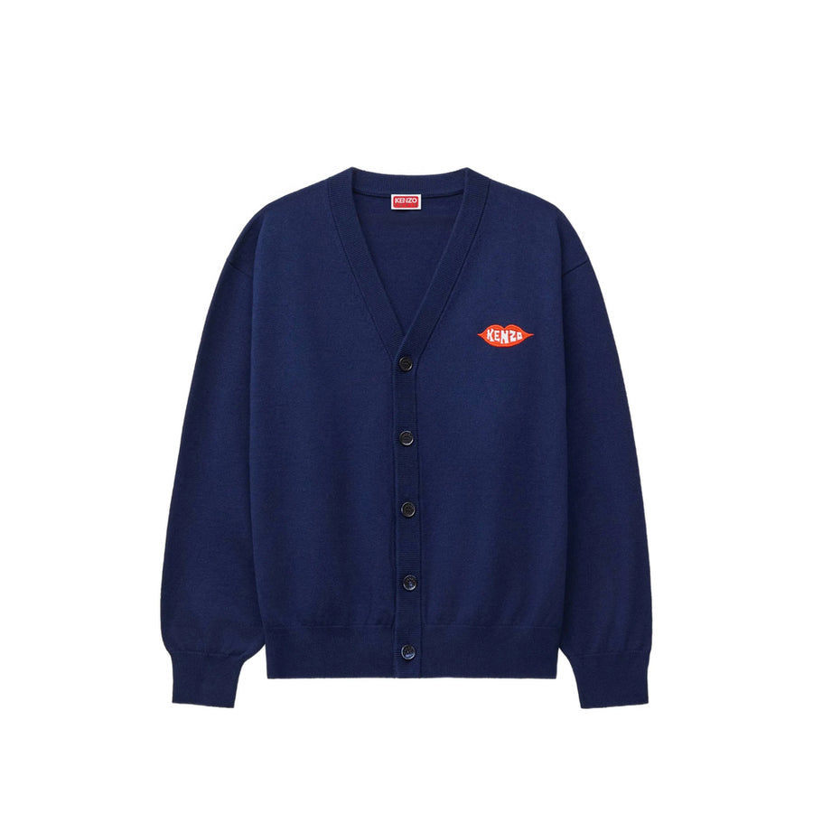 V-Neck Cardigan With Embroidered Motif Blue Wool Cardigans