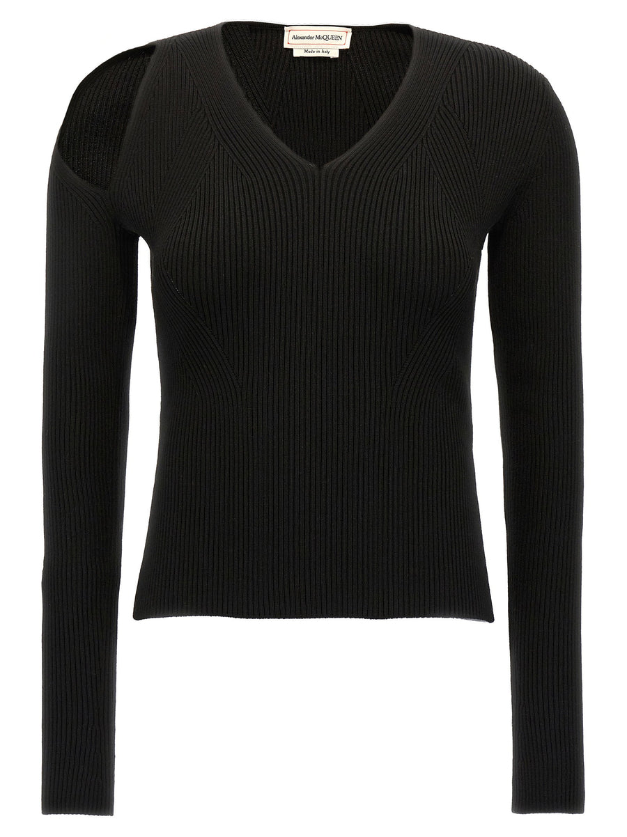 Alexander McQueen Shoulder Cut-Out Ribbed Wool Sweater — Black