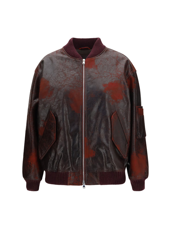 Oversized Crackle Nappa Bomber Jacket Rosso Scuro Leather