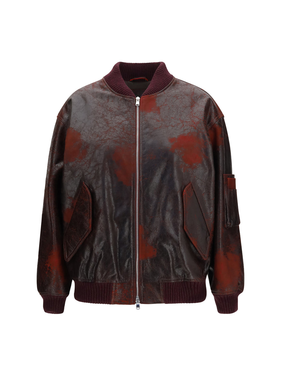 Oversized Crackle Nappa Bomber Jacket Rosso Scuro Leather